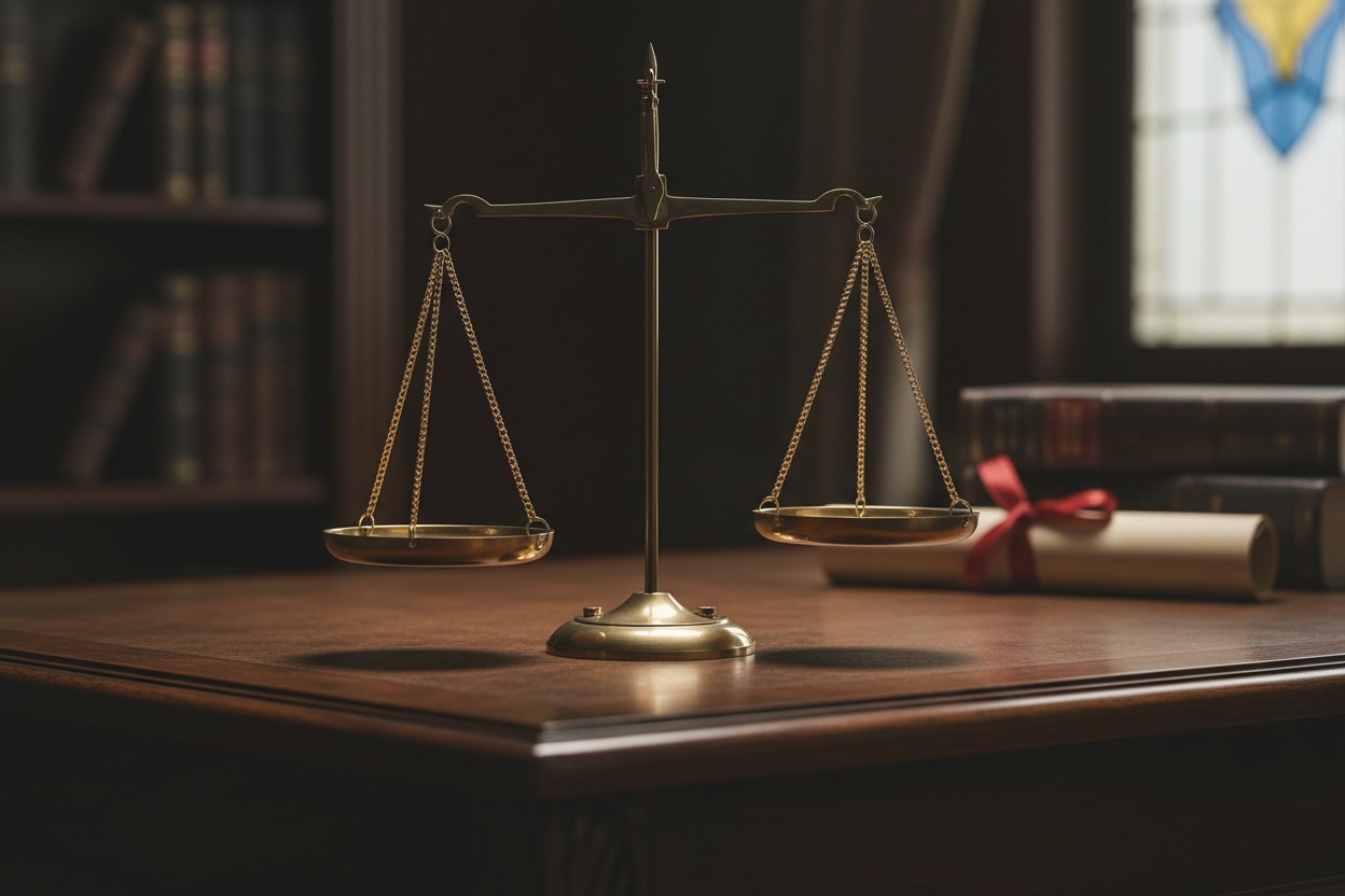 Uma balança da justiça em latão sobre uma mesa de madeira em um escritório com livros ao fundo.
